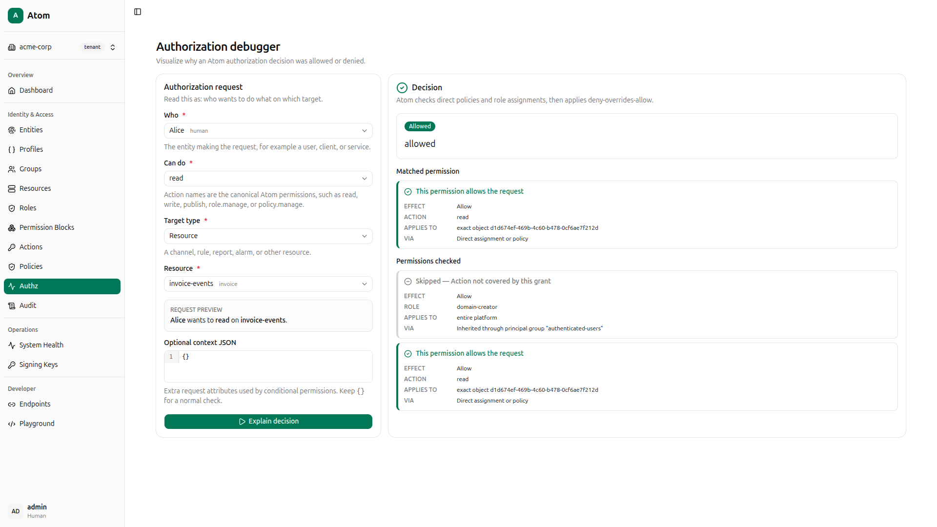 Atom Authorization Debugger